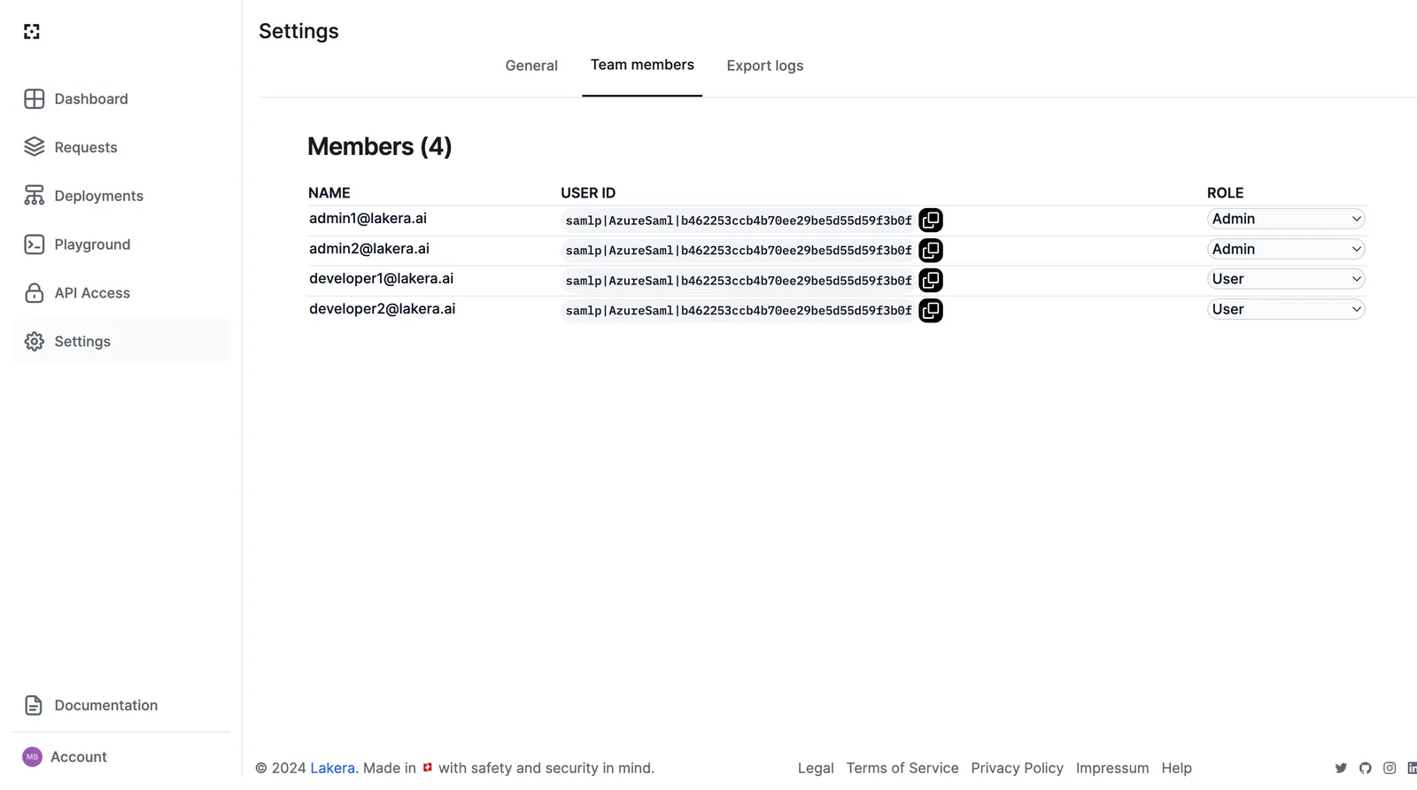 Team members settings