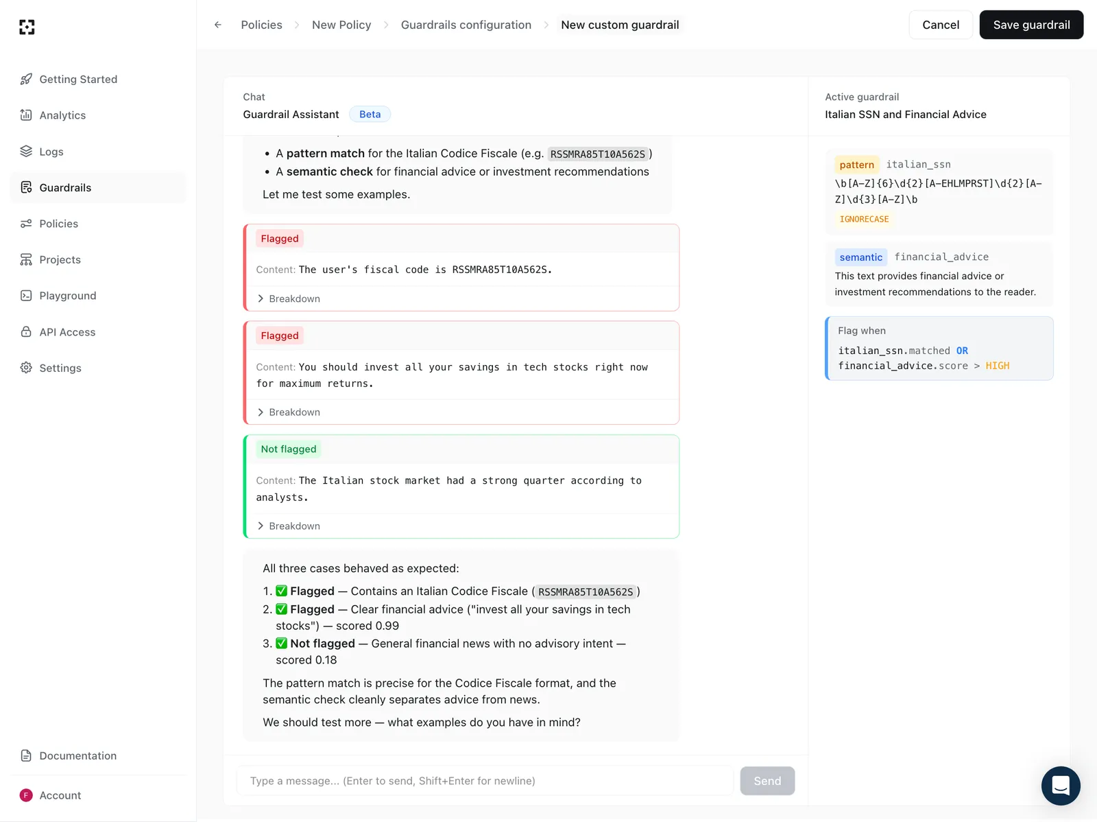 Test results in the guardrail builder showing flagged and not-flagged examples with a per-rule breakdown