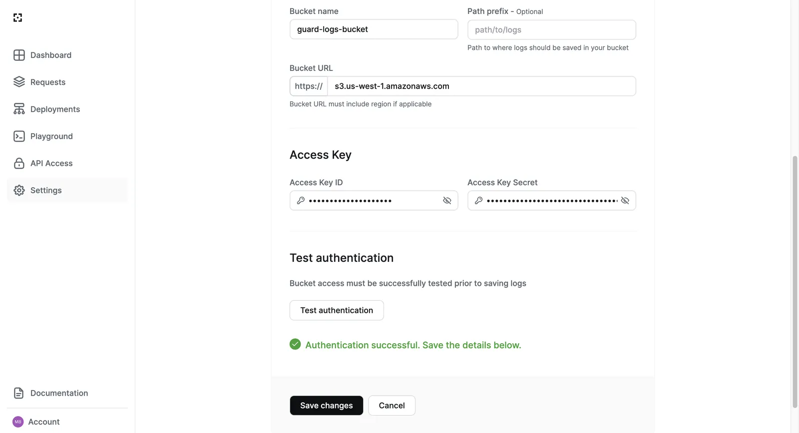Export logs settings - authentication test