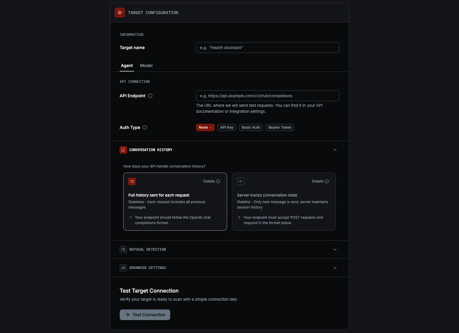 Red target form: agent target configuration