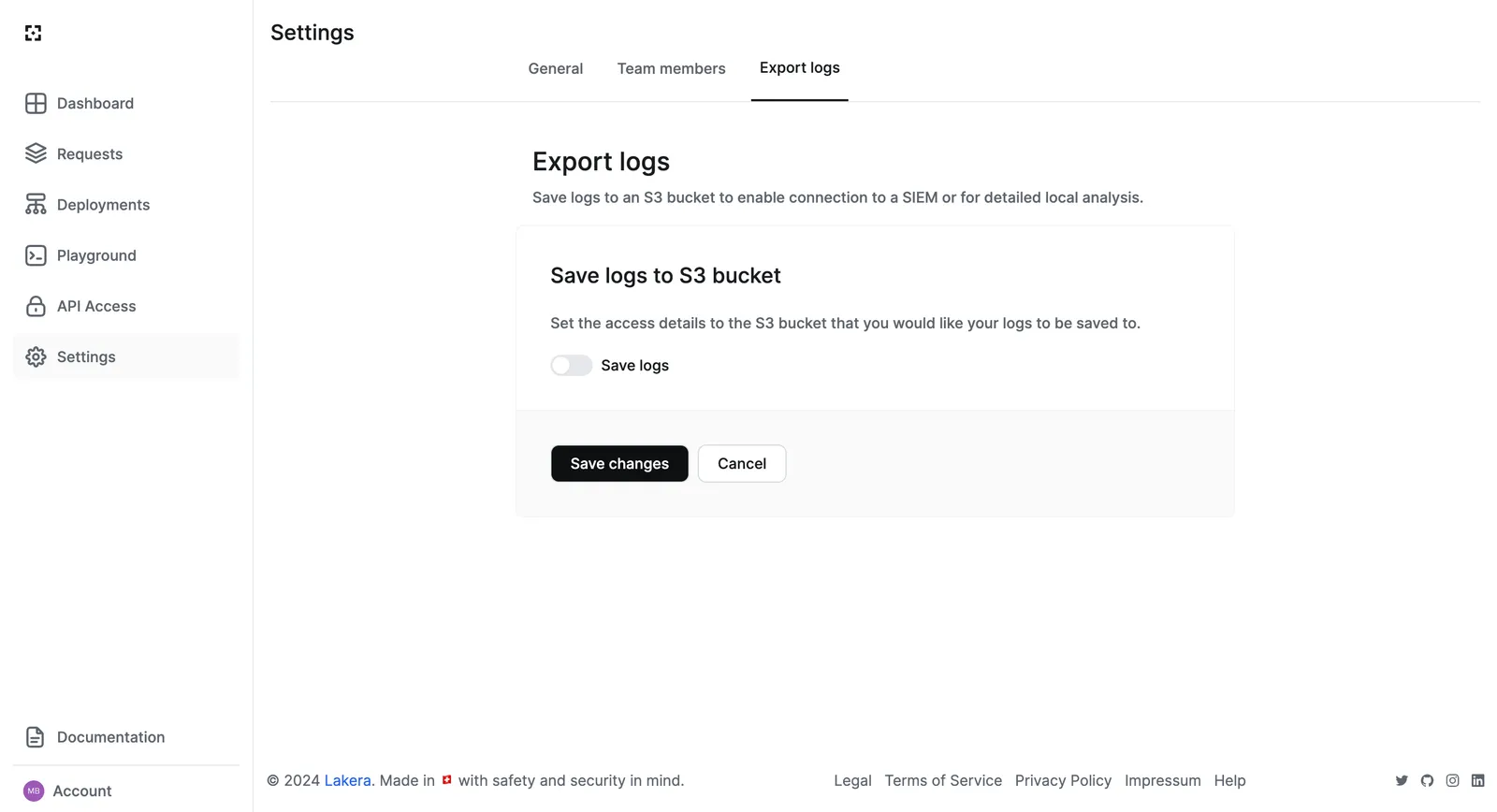 Export logs settings