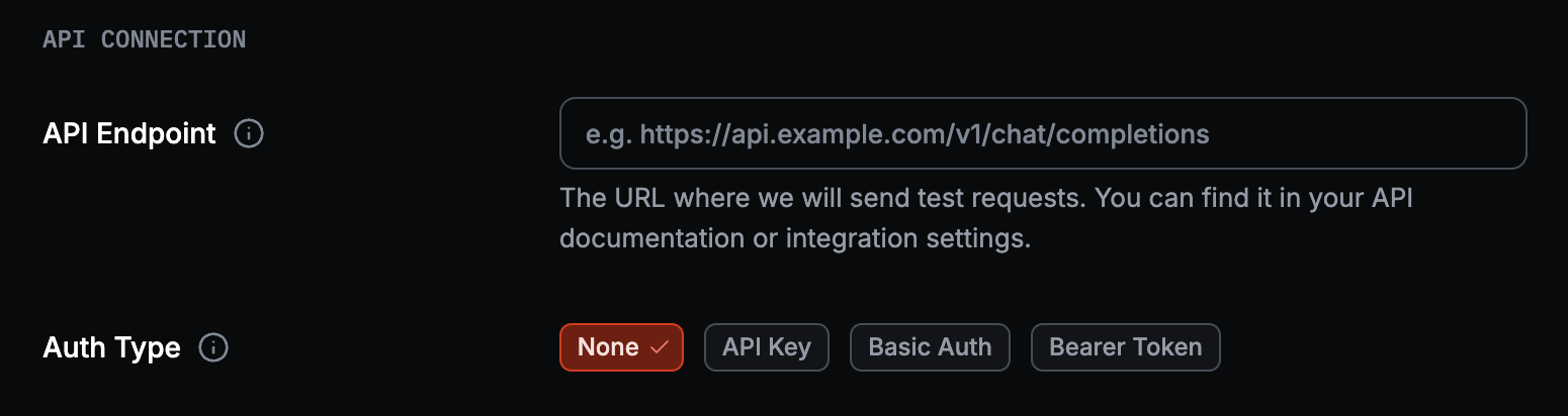 Red target form: API connection section with endpoint and auth type