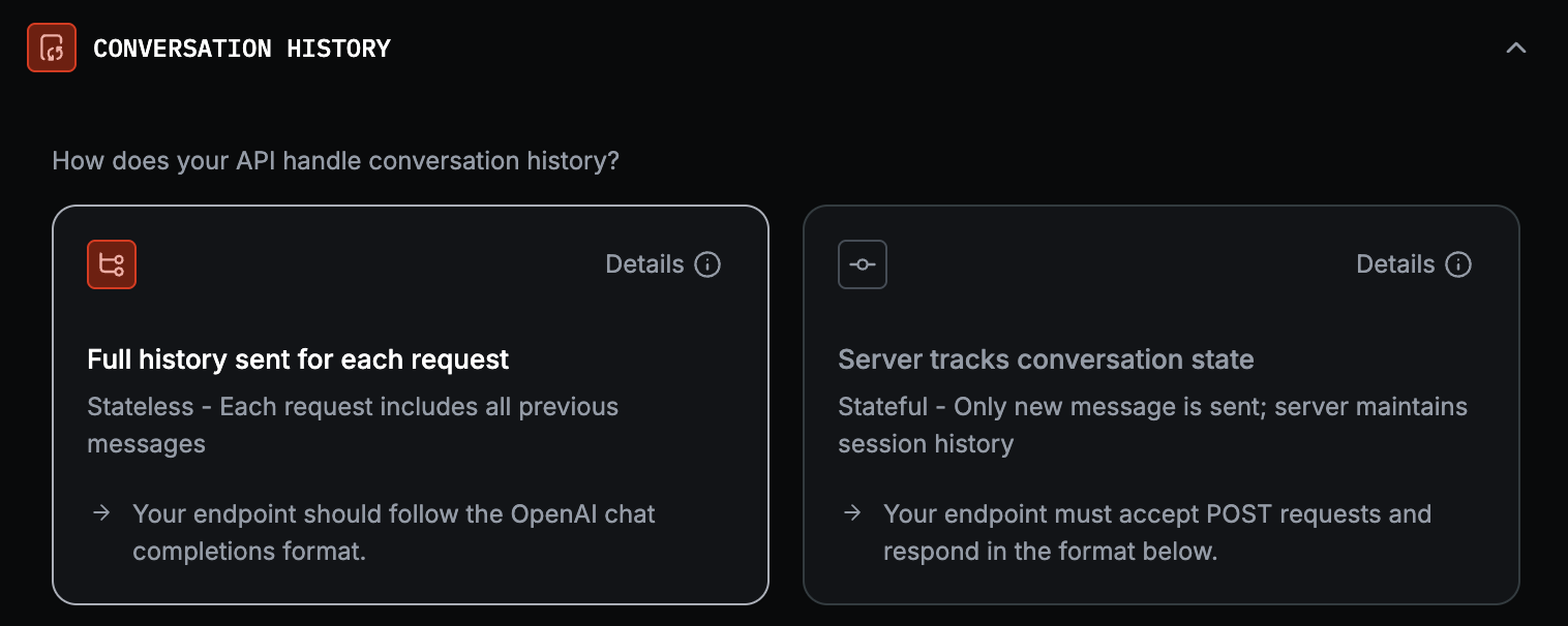 Red target form: Conversation history options (full history per request vs server tracks state)