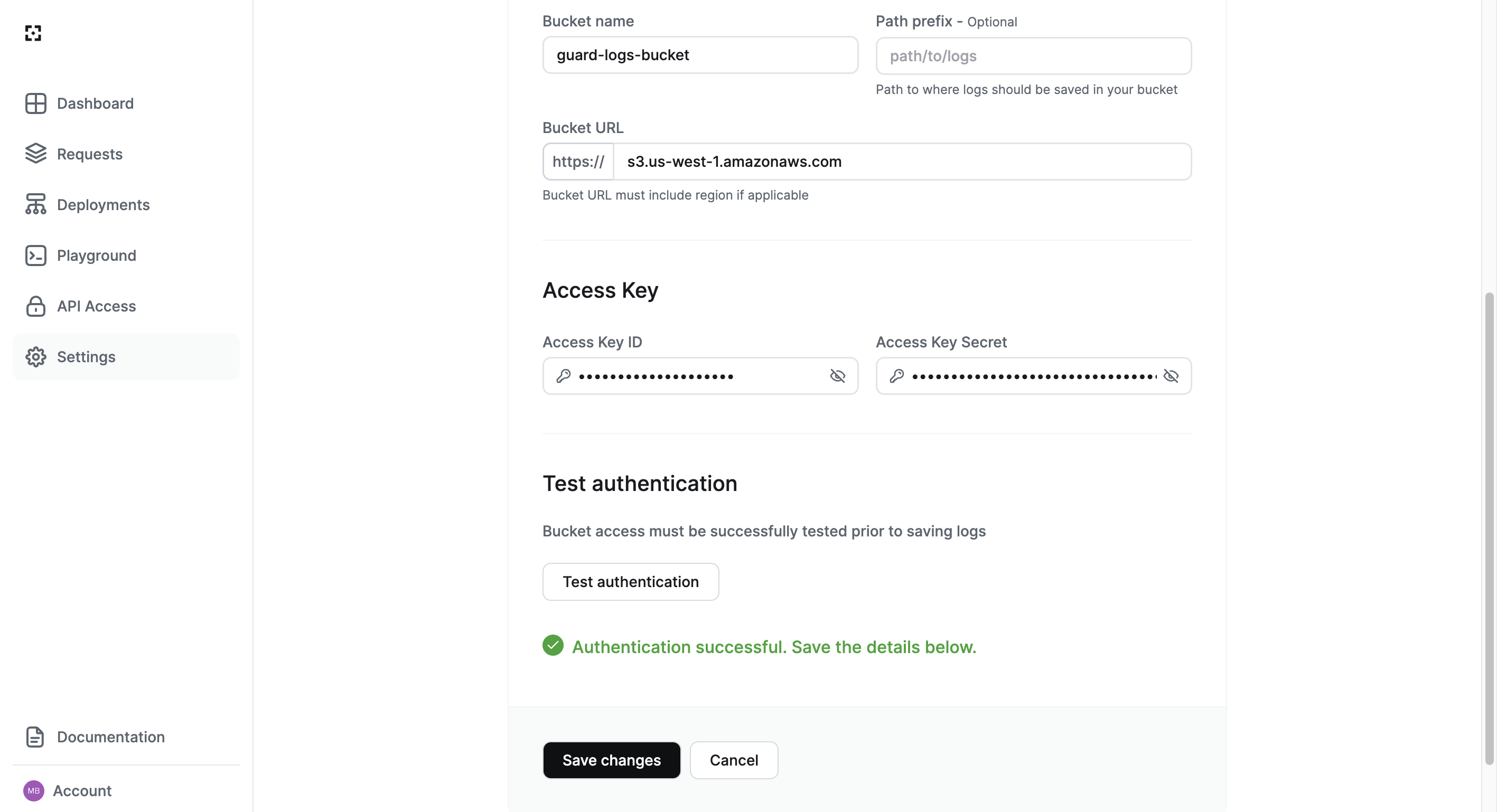 Export logs settings - authentication test