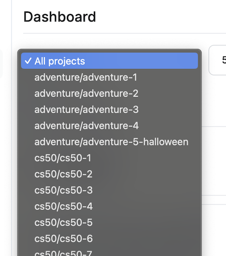 Dropdown menu for selecting a project
